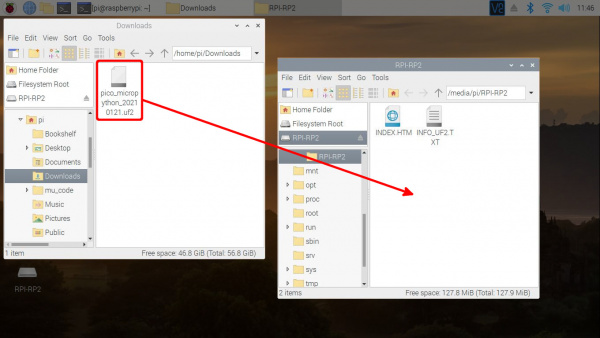 Drag and drop MicroPython UF2 file to the removable drive on a Raspberry Pi
