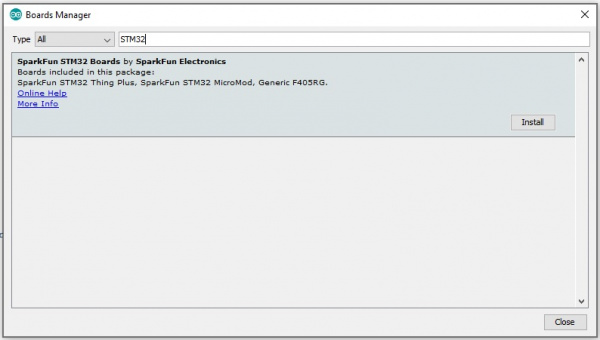 Boards Manager with SparkFun STM32 boards