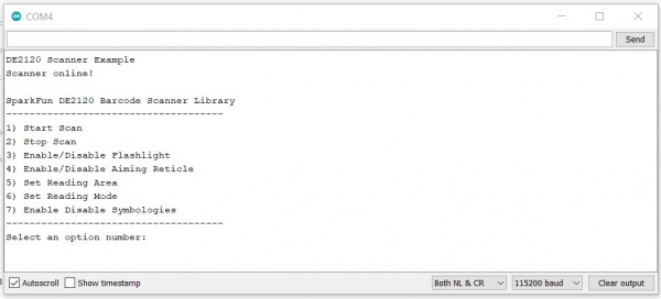 Screenshot showing Arduino Serial Monitor of options menu