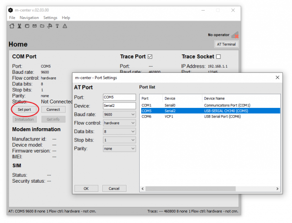 Selecting the port for the Update Tool