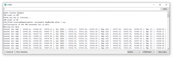 Screenshot of Arduino Serial Monitor printing IMU data.