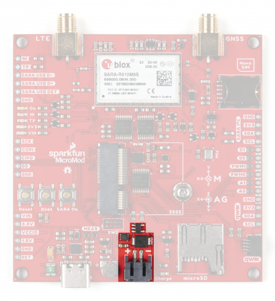 Photo highlighting the LiPo connector, charger and fuel gauge.