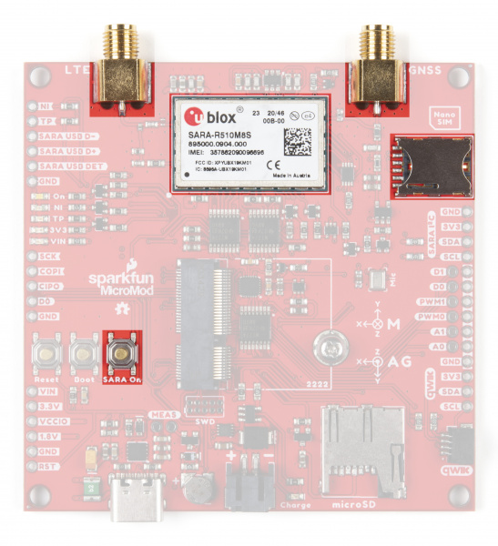 Photo highlighting SARA-R5 module, SMA connectors, SIM slot and SARA On button.