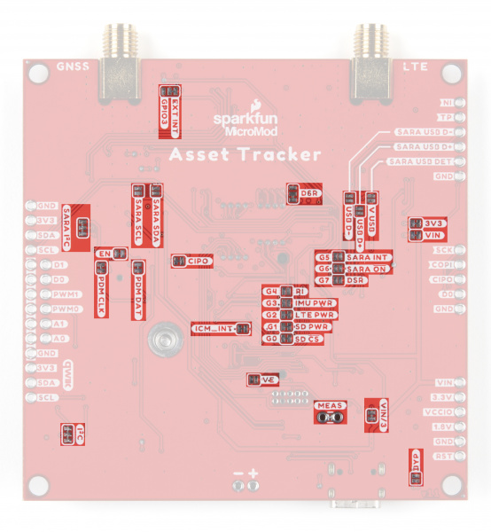 Photo highlighting the solder jumpers on the Asset Tracker