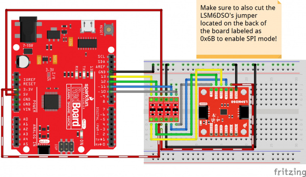 Fritzing Diagram of LSM6DSO in SPI Mode with an Arduino and Logic Level Converter