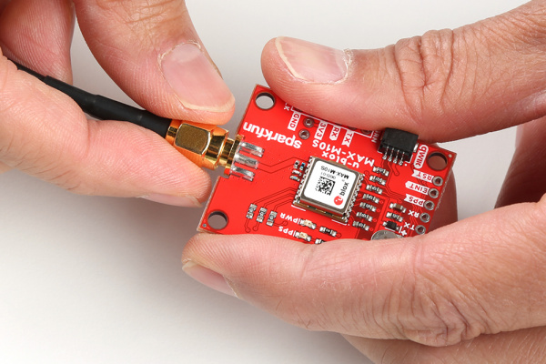 Finger Tightening the SMA GPS Antenna to the MAX-M10S