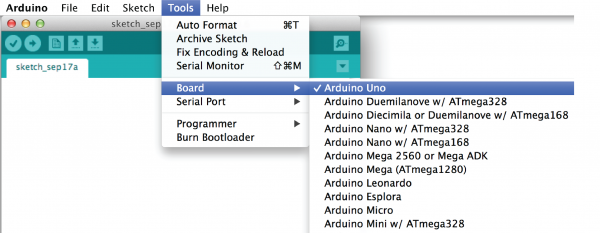 Arduino board selection