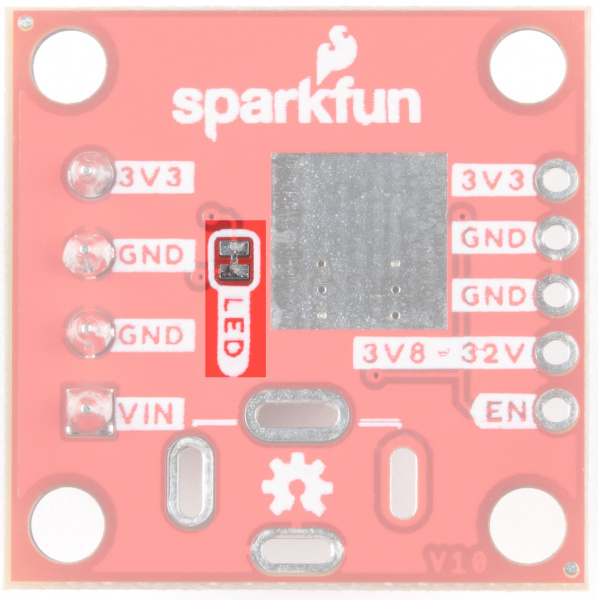 LED Jumper is to the left of the heatsink pad on the back of the Buck Regulator board