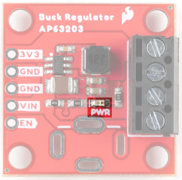 Power LED is on the front of the Buck Regulator, below the AP63203 