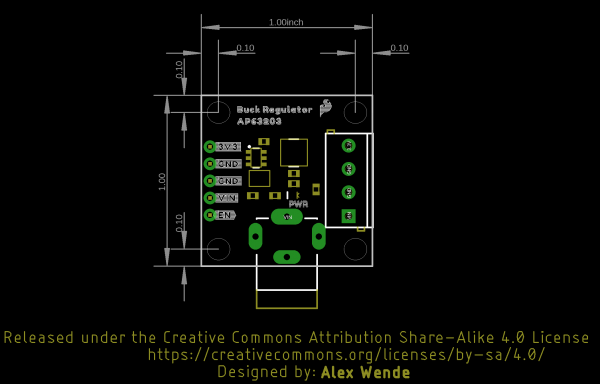 Outline and measurements of the SparkFun Buck Regulator Board