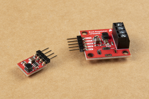 Headers soldered to the PTH pins on both the Buck Regulator and the Baby Buck Regulator