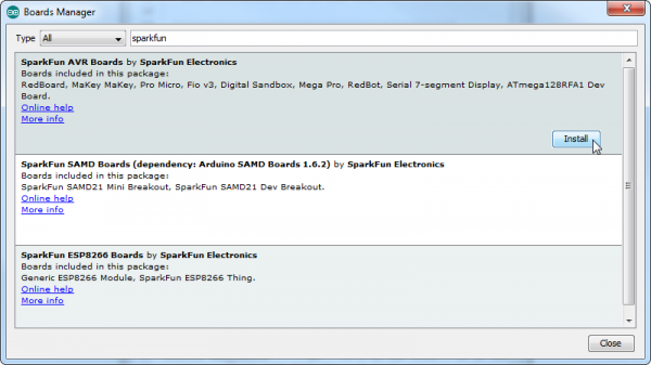 Installing the SparkFun AVR board definitions