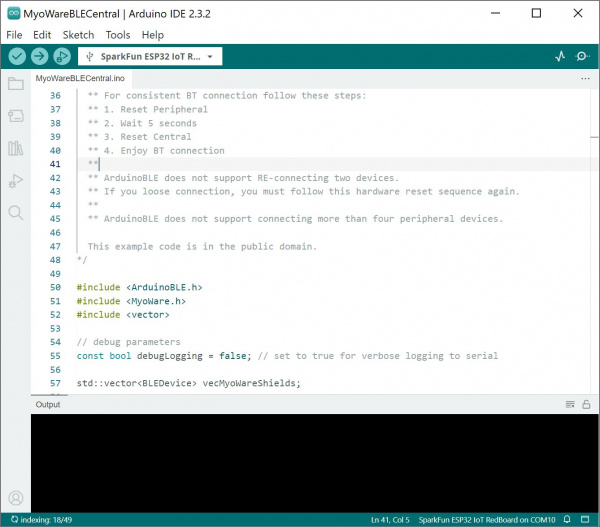 Screenshot of MyoWareBLE_Central.ino Open in the Arduino IDE