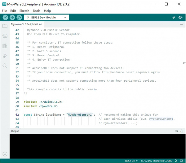 Screenshot MyoWareBLEPeripheral.ino opened in Arduino IDE