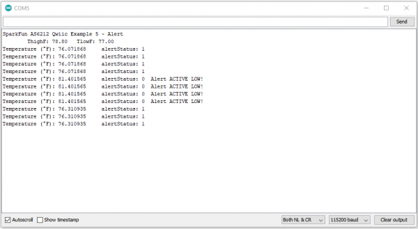 Screenshot of serial monitor display for Example 5