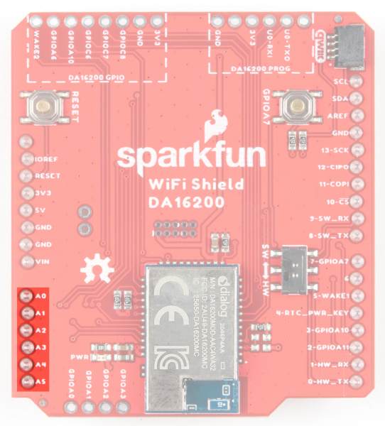 Pins A0-A5 are highlighted on the lower left side of the board