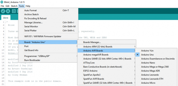 Arduino IDE board selection