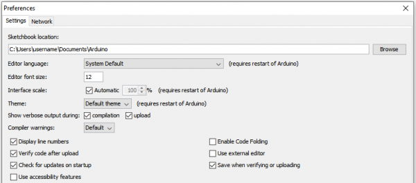 Screenshot showing Arduino sketchbook location.