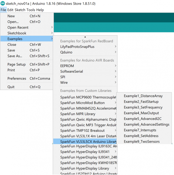 Where to find the Examples in the arduino menu