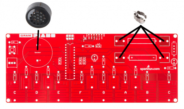 Top side of the Gram Piano PCB showing speaker and battery clip placement