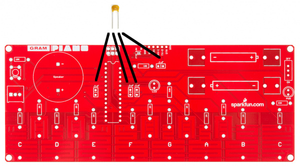 Top side of the Gram Piano PCB showing capacitor placement