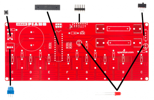 Top side of the Gram Piano PCB showing medium sized component placement