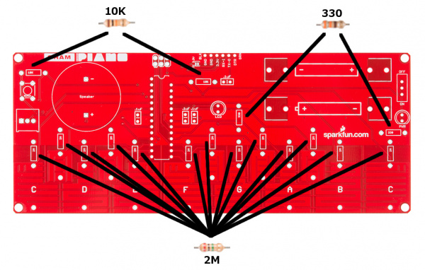 Placement of each of the 3 types of resistors. Make sure to pay attention to the color codes!