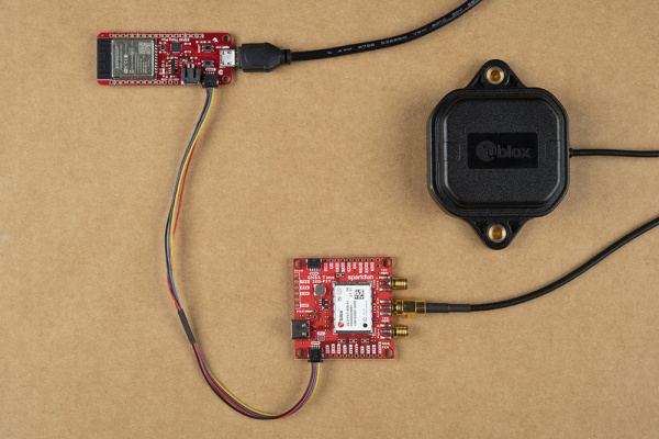 GNSS Timing Breakout connected via Qwiic to Arduino microcontroller