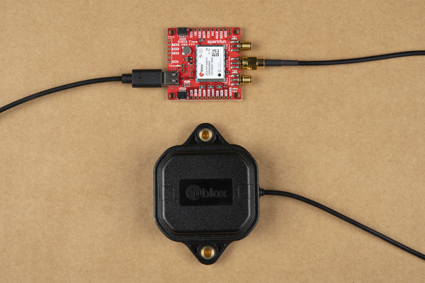 GNSS Timing Breakout connected to antenna and USB-C