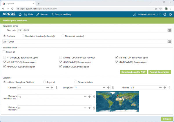 Pictured is the ARGOS Web satellite pass prediction tool