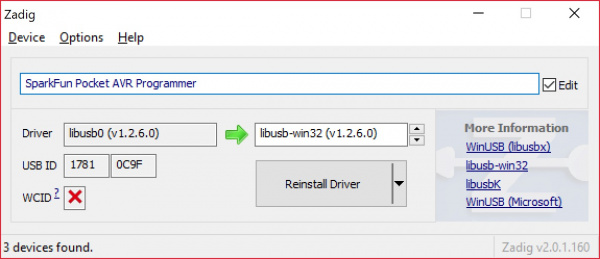 Rename Device in Zadig to SparkFun Pocket AVR Programmer