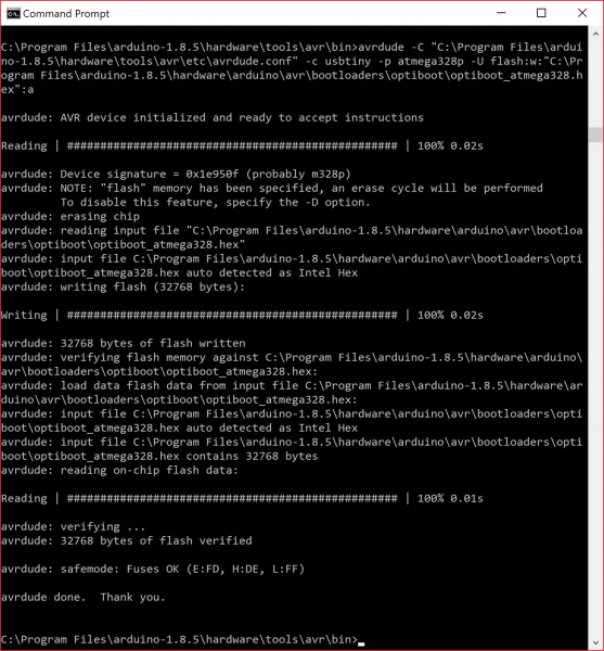 Bootloader Written, Verified, and Finished Uploading to Target AVR via Command Line