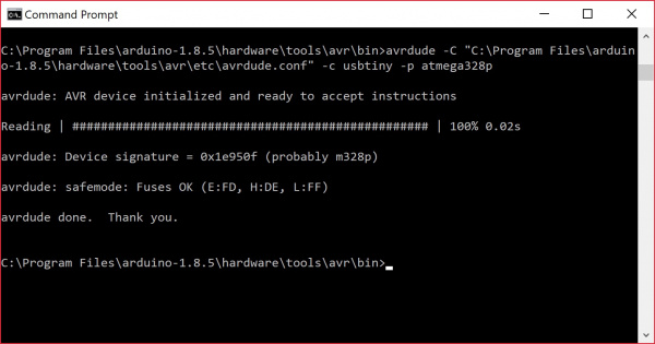 Successful AVRDUDE Device Signature Read in the Command Line with an the Location of the Configuration File