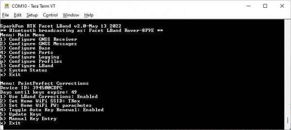 LBand Menu showing Home WiFi credentials
