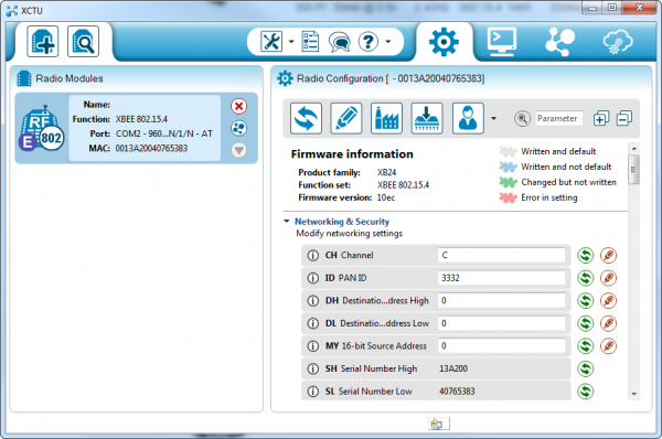 An XBee module selected, configuration view