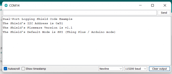 Serial Monitor output lists I2C address, Firmware version, etc