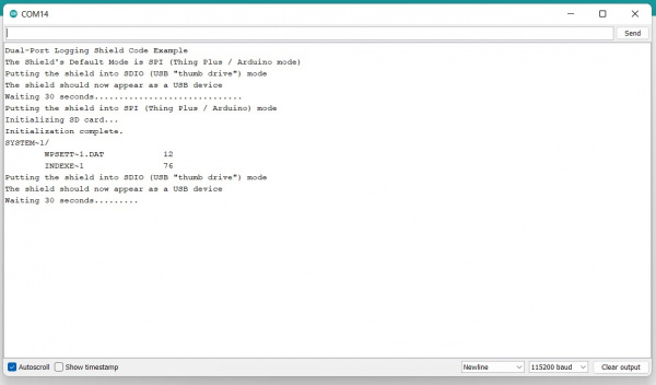 Output shows the default mode and then puts the shield into SDIO mode for a USB drive