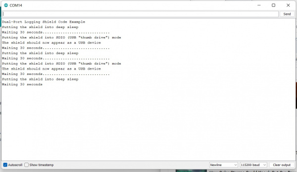 Output shows putting the shield into deep sleep, then SDIO mode, then waits 30 seconds