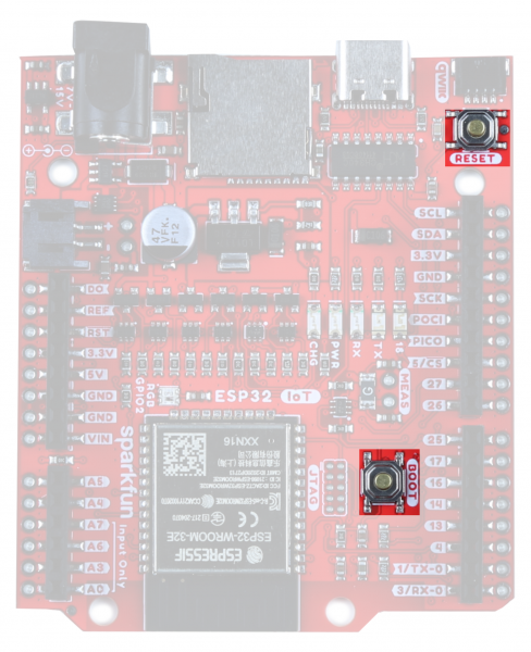 The reset button is located next to the qwiic connector and the boot button is located next to the JTAG PTHs 