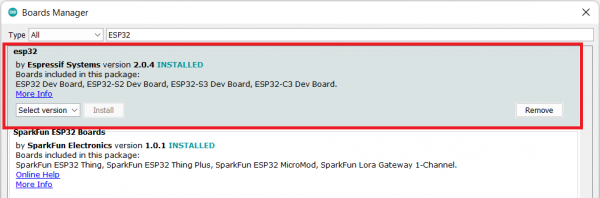 Type in ESP32 and make sure you have the latest version