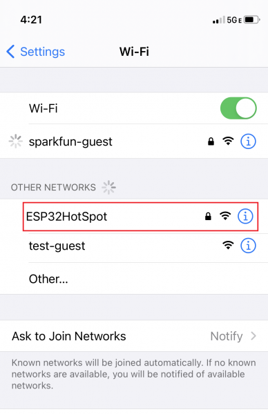 For this example, we named our Access Point ESP32HotSpot. 