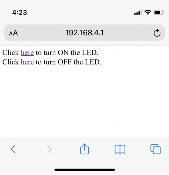 Webpage is shown with links to turn on the LED and Off the LED