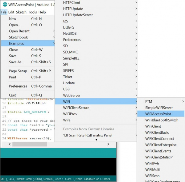 go to File - Examples, and under "Examples for SparkFun ESP32 IoT RedBoard" you'll select WiFi - WiFiAccessPoint