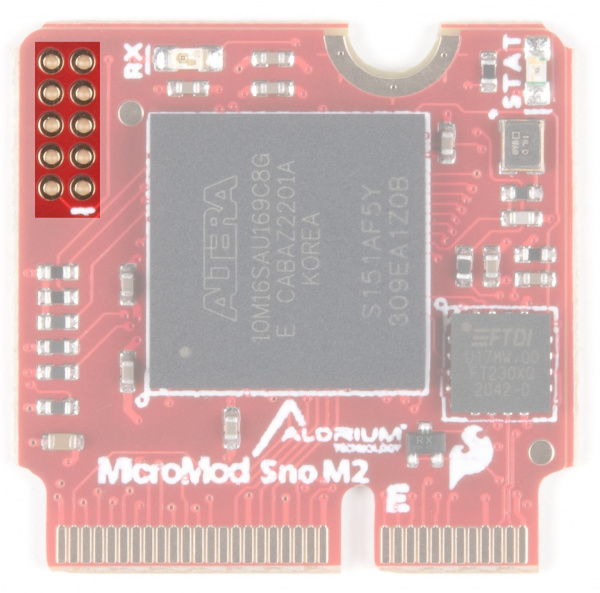 JTAG is highlighted on the upper left corner of the MicroMod board, with the M.2 connectors facing down. 