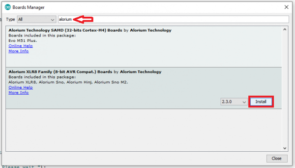 Type in Alorium, and you should see Alorium XLR8 Family package. Install that. 