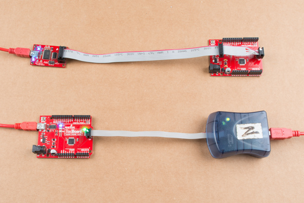 Pocket AVR Programmer and Atmel AVR MKII Connected to RedBoards