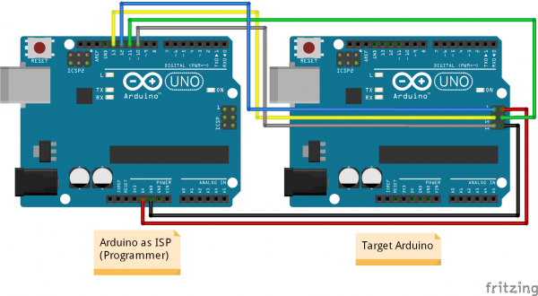 Fritzing Diagram of Arduino as ISP Connected to Target Arduino