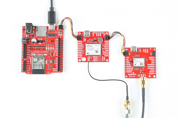 ESP32 IoT RedBoard, ZED-F9P w/ u.FL connector, and NEO-D9S connected via Qwiic Cables