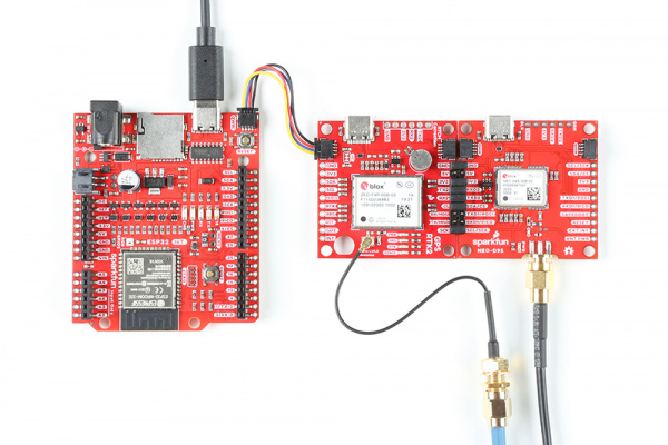 ESP32 IoT RedBoard, ZED-F9P w/ u.FL connector, and NEO-D9S connected via Male Header Pins, Jumper Shunts, and Qwiic Cable
