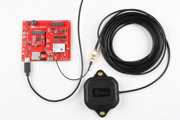 Image of completed MicroMod assembly with GNSS antenna connected.